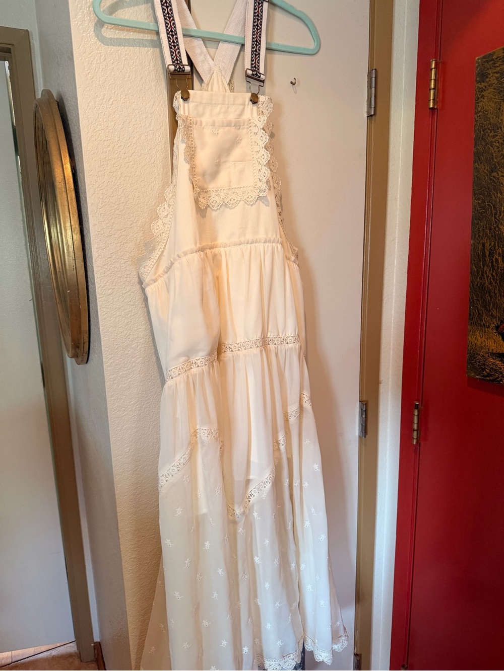 Cream Lace-Trim Pinafore Dress